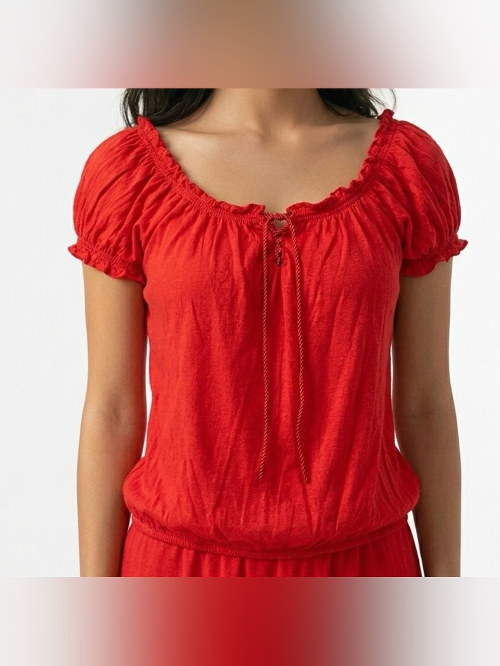 IN LOVE WITH DEREK Red Women’s Peasant Tie-Front Top